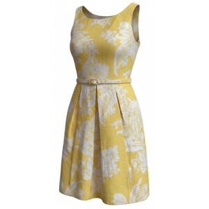 Eliza J Yellow White Floral Jacquard Knee Length Sleeveless Pleated Dress Size 6